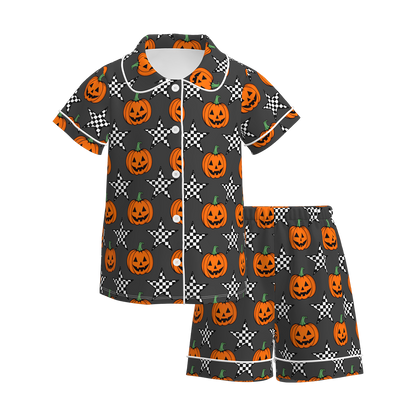Girls Halloween Pumpkin Ghost Bow Pajamas 2 Pieces Set