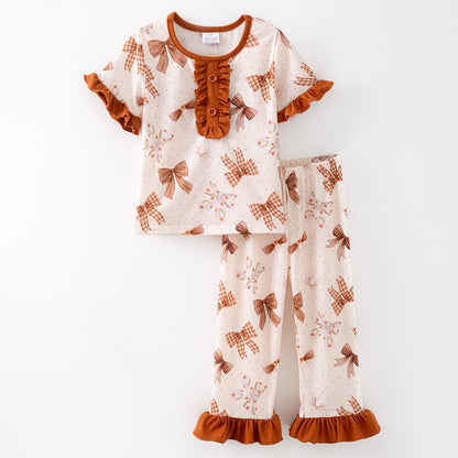 Girls Fall Autumn Brown Bow Print Ruffled Boutique Pajamas Set