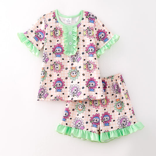 Girls Summer Labubu Print Green Ruffled Short Pajamas Set