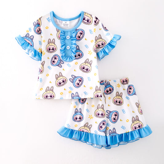 Girls Summer Labubu Print Blue Ruffled Short Pajamas Set