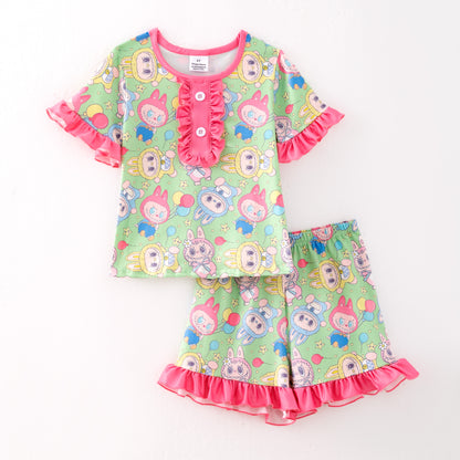 Girls Summer Labubu Print Pink Ruffled Short Pajamas Set