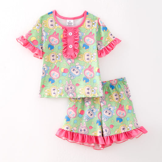 Girls Summer Labubu Print Pink Ruffled Short Pajamas Set