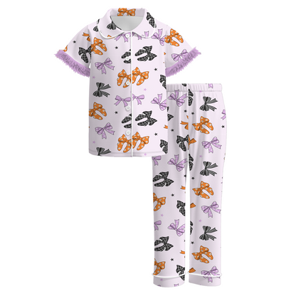Mommy And Me Fall Halloween Purple Bow Cozy Fur Pajamas Set