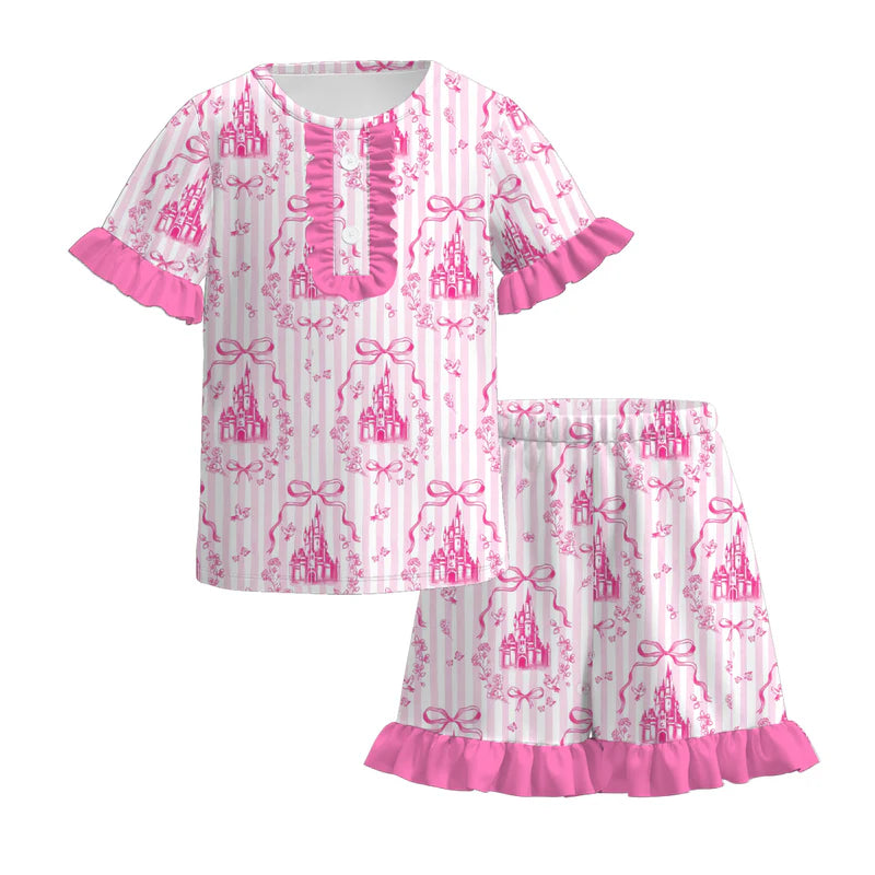 Girls Summer Fall Pink Blue Castle Bow Print Dress & Pajamas Set