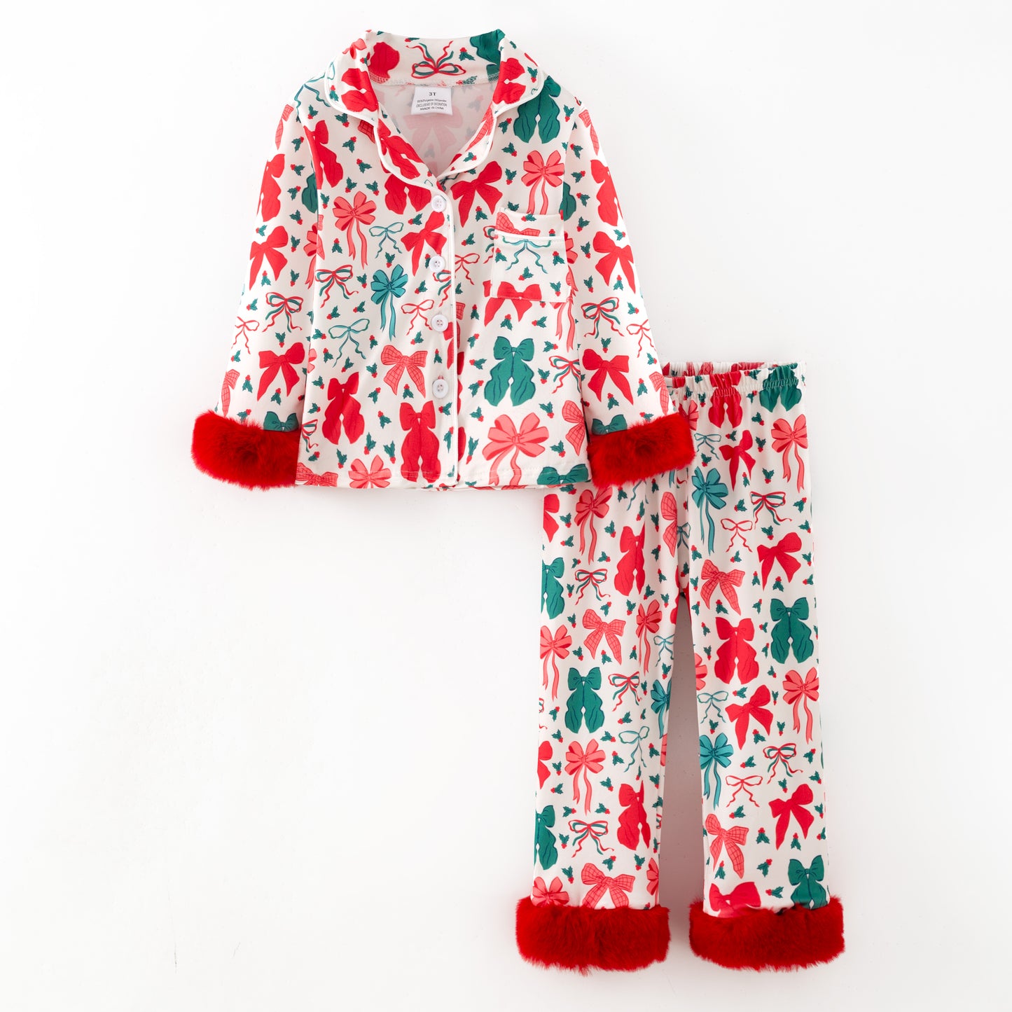 Girls Christmas Bow Red Cozy Fur Pajamas Set