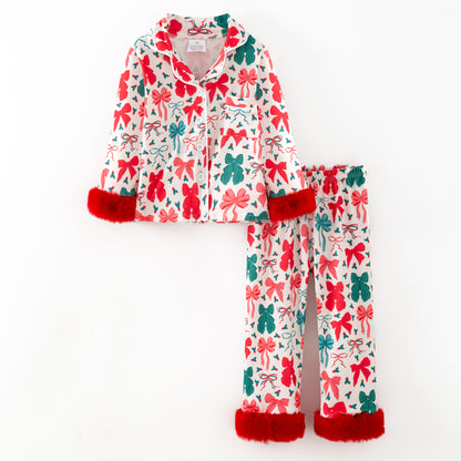 Girls Christmas Bow Red Cozy Fur Pajamas Set