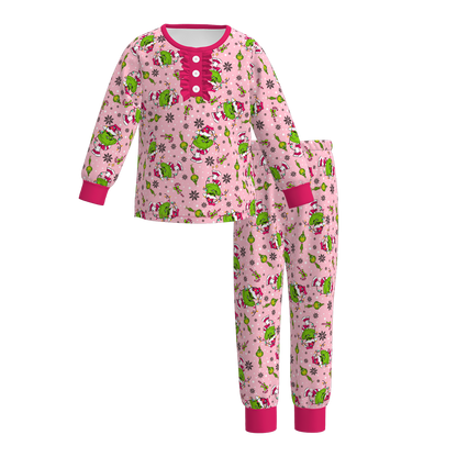 Christmas Kids Matching Pamajams Outfits – Pink Grinch Print Set