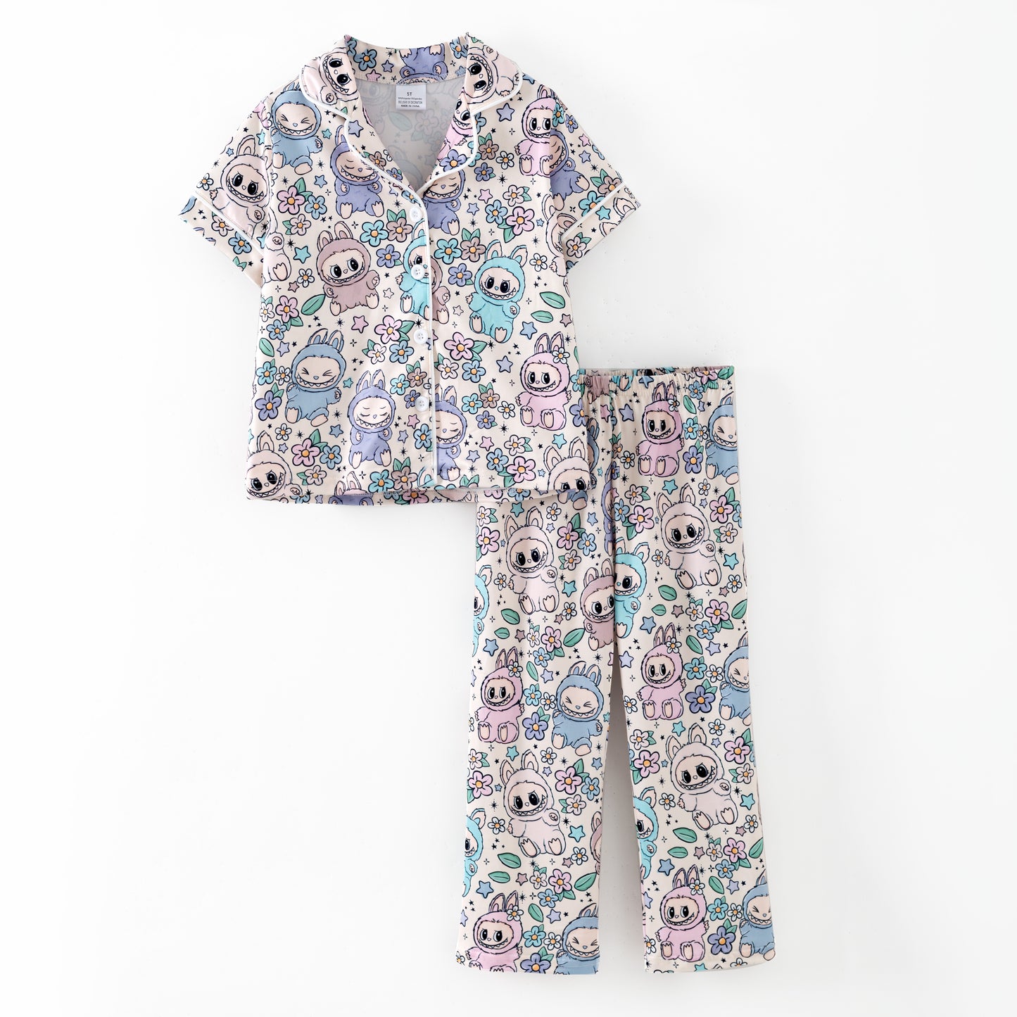 Labubu Print Fall Pajama Set – Soft & Cozy Short Sleeve + Long Pants