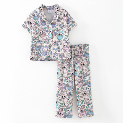 Labubu Print Fall Pajama Set – Soft & Cozy Short Sleeve + Long Pants