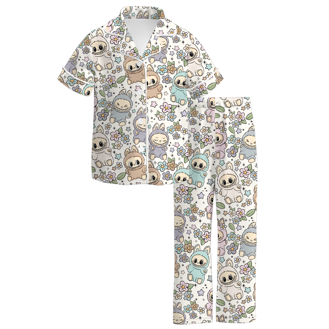 Labubu Print Fall Pajama Set – Soft & Cozy Short Sleeve + Long Pants