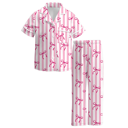 Mommy And Me Pink Stripes Bow Print Pink Pajamas Set