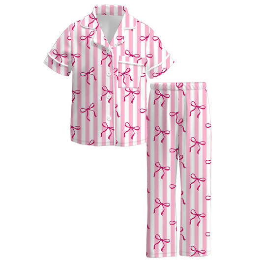 Mommy And Me Pink Stripes Bow Print Pink Pajamas Set