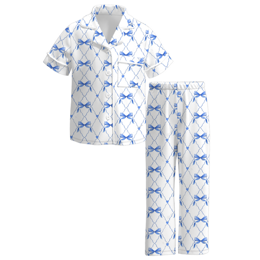 Mommy And Me Blue Bow Print Pajamas Set