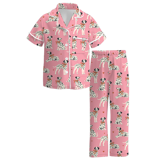Mommy And Me Fall Dog Print Pink Pajamas Set