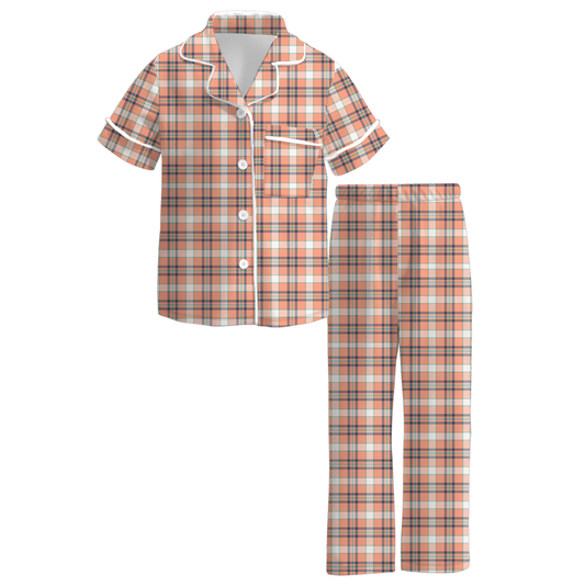 Mommy And Me Fall Orange Plaid Print Pajamas Set