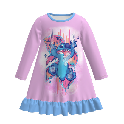 Girls Cartoon Bear Labubu Fall Winter Pajamas Dress Sleepwear