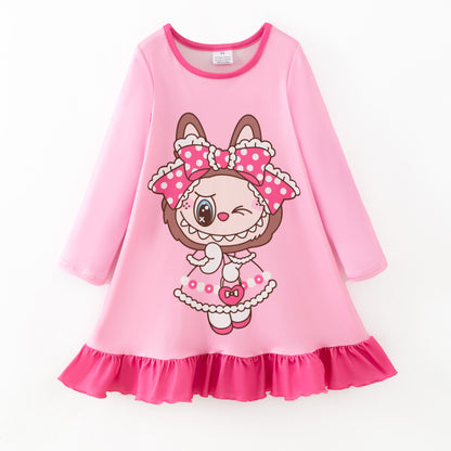 Girls Fall Pink Labubu Cartoon Long Sleeves Twirl Dress