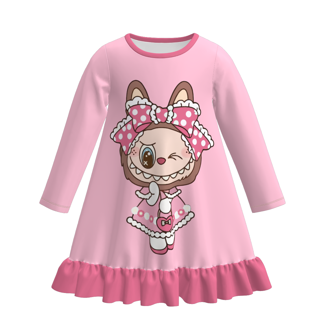Girls Cartoon Bear Labubu Fall Winter Pajamas Dress Sleepwear