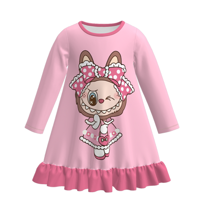 Girls Cartoon Bear Labubu Fall Winter Pajamas Dress Sleepwear