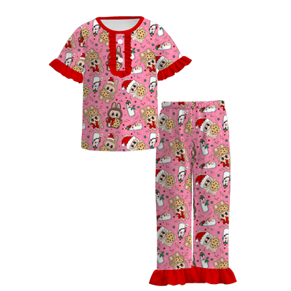 Girls Christmas Cartoon Santa Print Pajamas Set