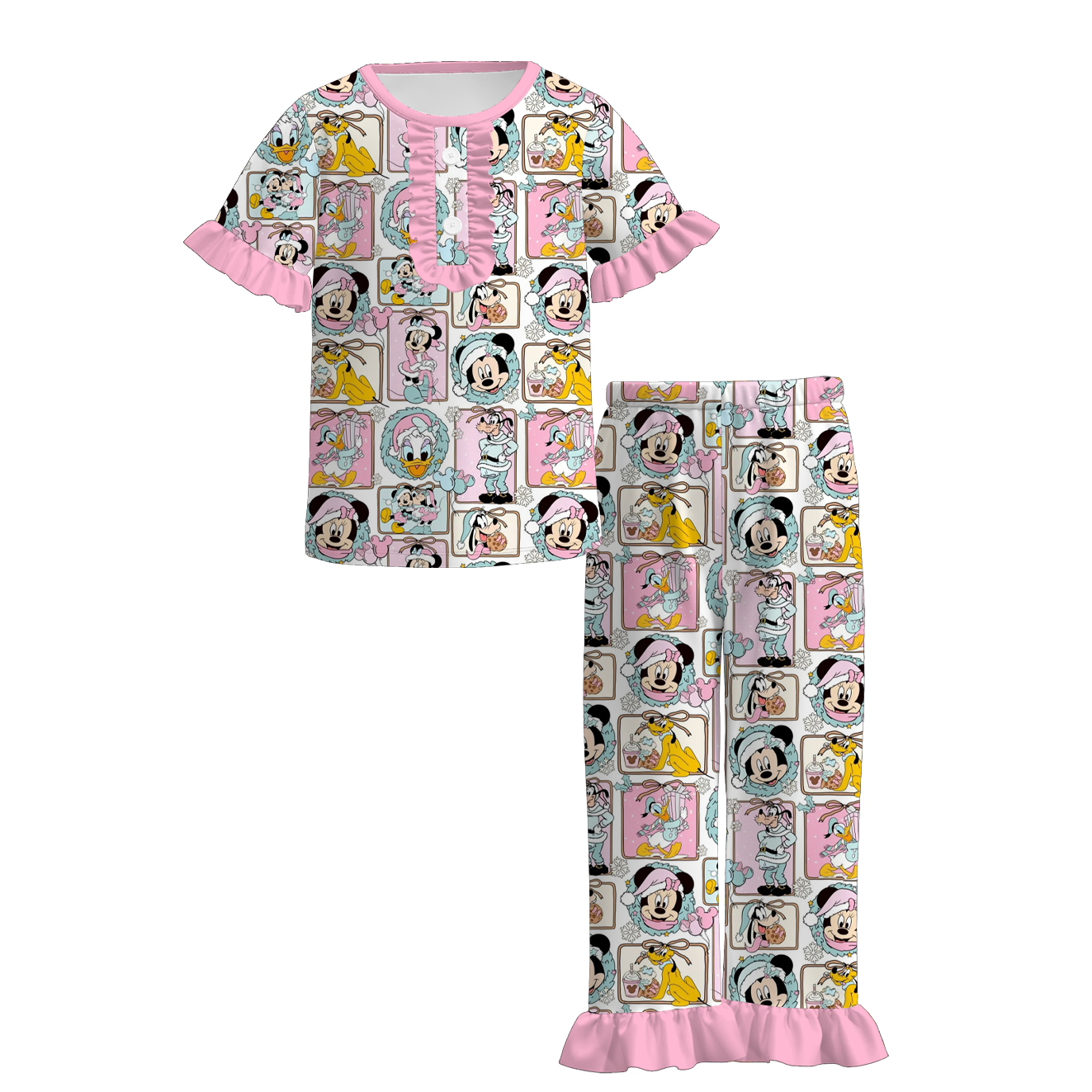 Girls Christmas Cartoon Santa Print Pajamas Set