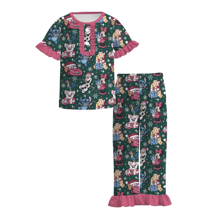 Girls Christmas Cartoon Santa Print Pajamas Set