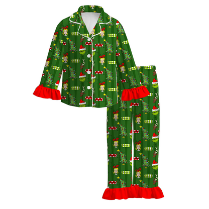 Girls Christmas Grinch Green Red Dress & Pajamas Set