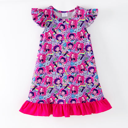 Girls Summer K-Pop Demon Hunter Soft Ruffled Pajamas Dress