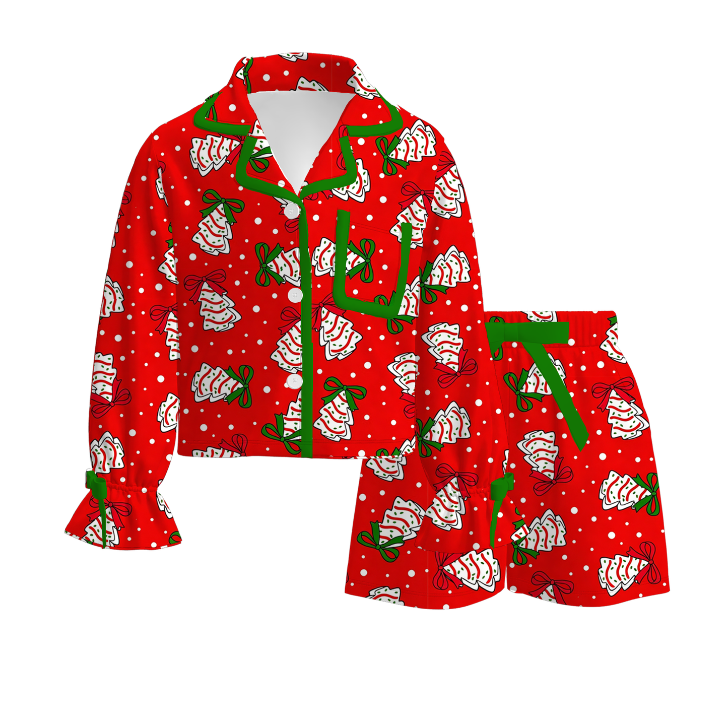 Christmas Matching Kids Pajama Collection – Holiday Tree Print Dress, Romper & Two-Piece Set