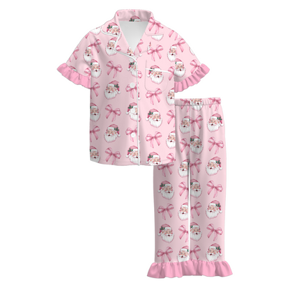 Girls Pink Christmas Santa & Bow Collection – Holiday Pajama Set, Dress & Shorts Set