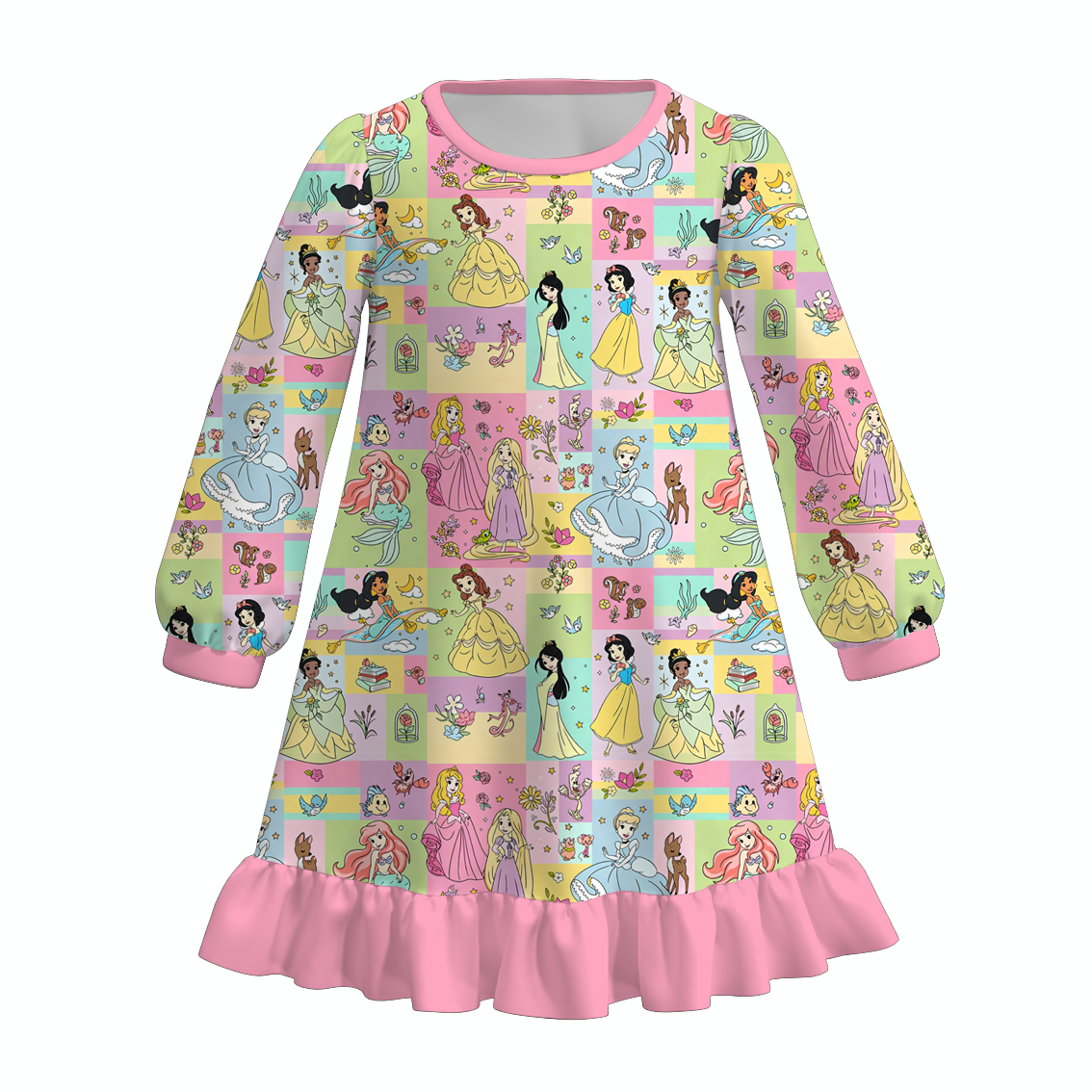 Girls Christmas Character Print Long Sleeve Nightgown – Princess Snowflake Holiday Ruffle Hem Sleep Dress