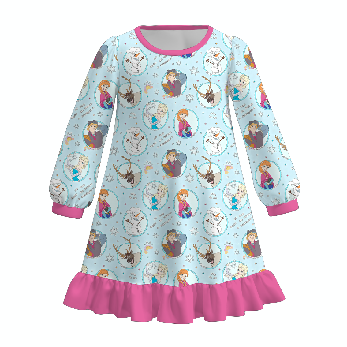 Girls Christmas Character Print Long Sleeve Nightgown – Princess Snowflake Holiday Ruffle Hem Sleep Dress