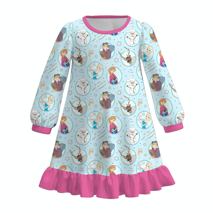 Girls Christmas Character Print Long Sleeve Nightgown – Princess Snowflake Holiday Ruffle Hem Sleep Dress