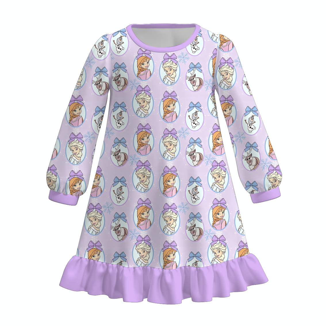 Girls Christmas Character Print Long Sleeve Nightgown – Princess Snowflake Holiday Ruffle Hem Sleep Dress