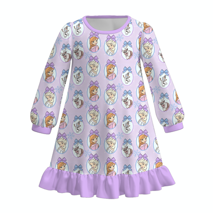 Girls Christmas Character Print Long Sleeve Nightgown – Princess Snowflake Holiday Ruffle Hem Sleep Dress