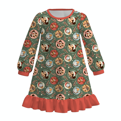 Girls Christmas Character Print Long Sleeve Nightgown – Princess Snowflake Holiday Ruffle Hem Sleep Dress