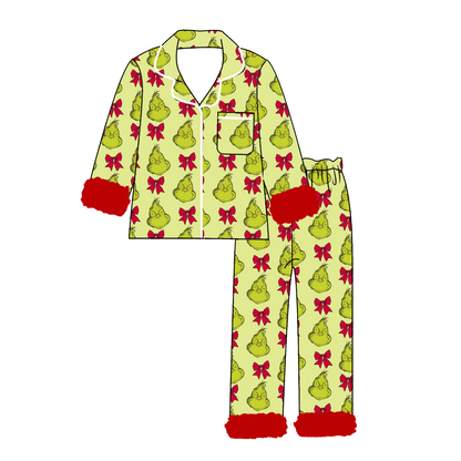Girls Christmas Pajama Set – Holiday Print Button-Up Sleepwear with Fuzzy Trim