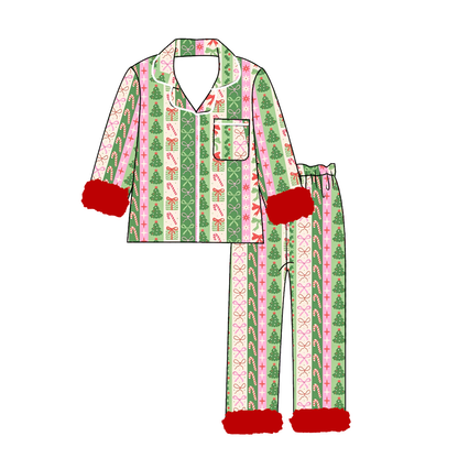 Girls Christmas Pajama Set – Holiday Print Button-Up Sleepwear with Fuzzy Trim