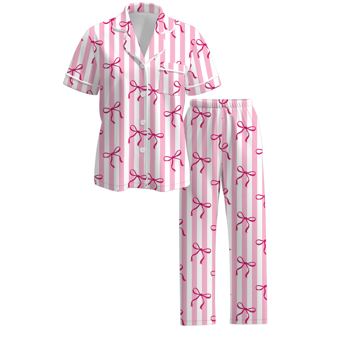 Mommy And Me Pink Stripes Bow Print Pink Pajamas Set