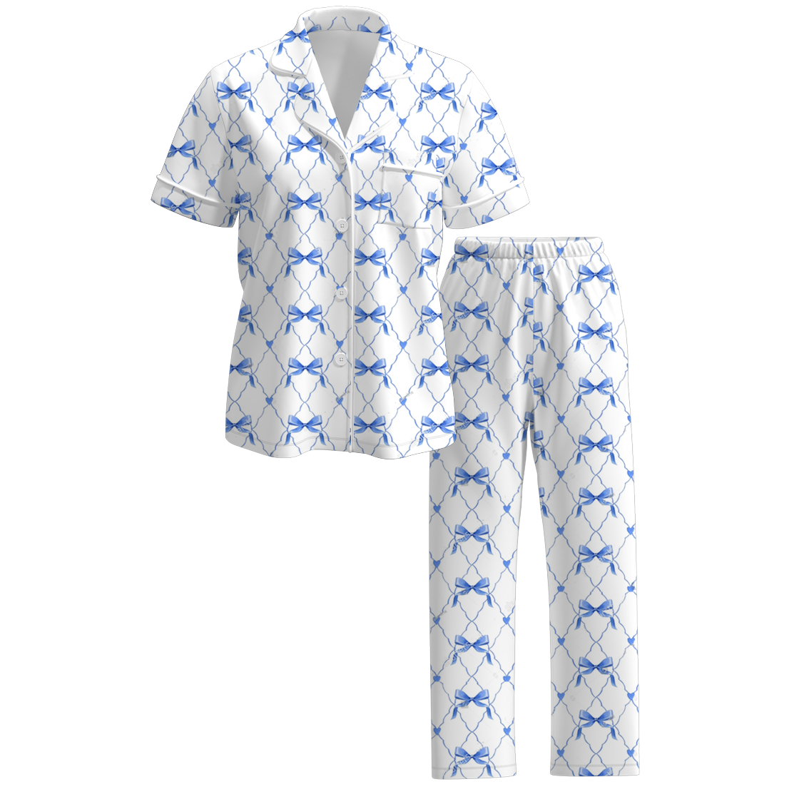 Mommy And Me Blue Bow Print Pajamas Set