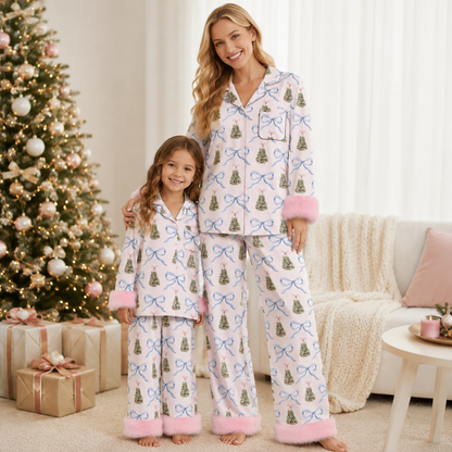 Girls Christmas Pajama Set – Holiday Print Button-Up Sleepwear with Fuzzy Trim