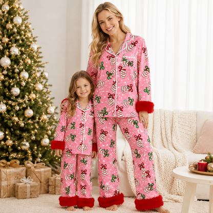 Girls Christmas Pajama Set – Holiday Print Button-Up Sleepwear with Fuzzy Trim