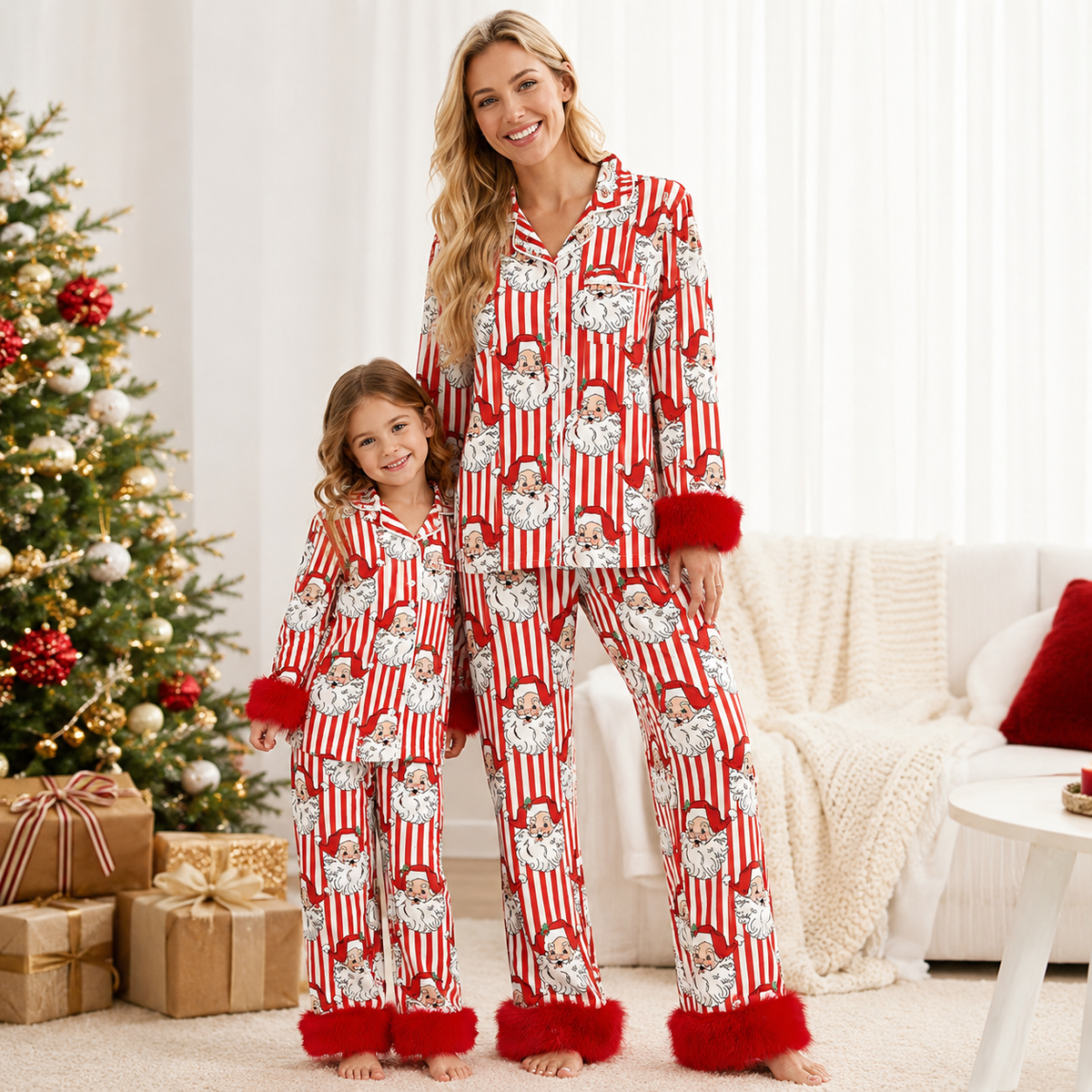 Girls Christmas Pajama Set – Holiday Print Button-Up Sleepwear with Fuzzy Trim