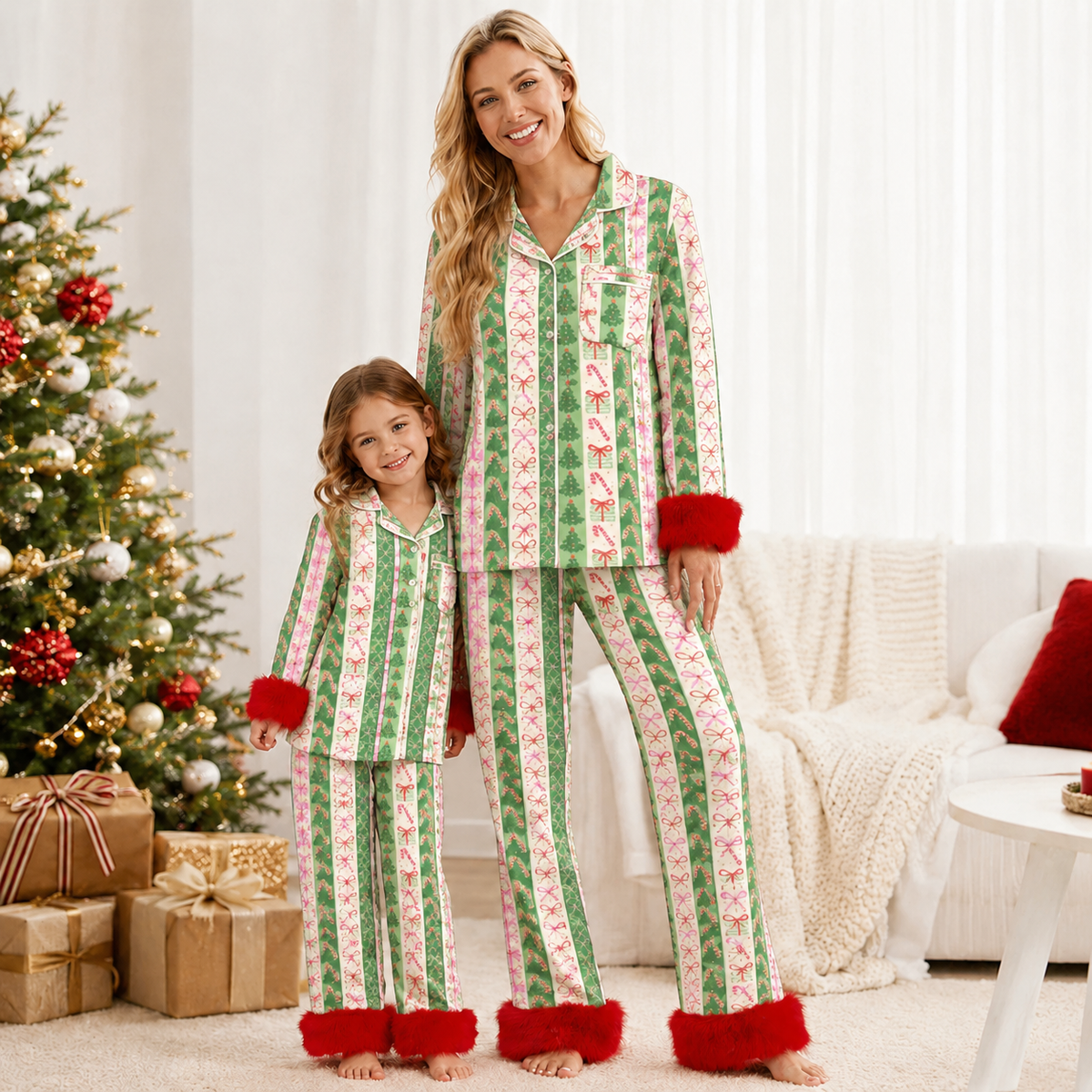Girls Christmas Pajama Set – Holiday Print Button-Up Sleepwear with Fuzzy Trim