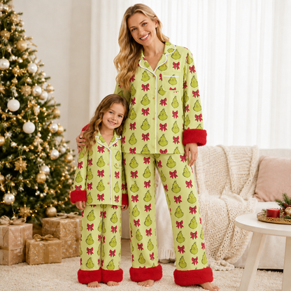 Girls Christmas Pajama Set – Holiday Print Button-Up Sleepwear with Fuzzy Trim