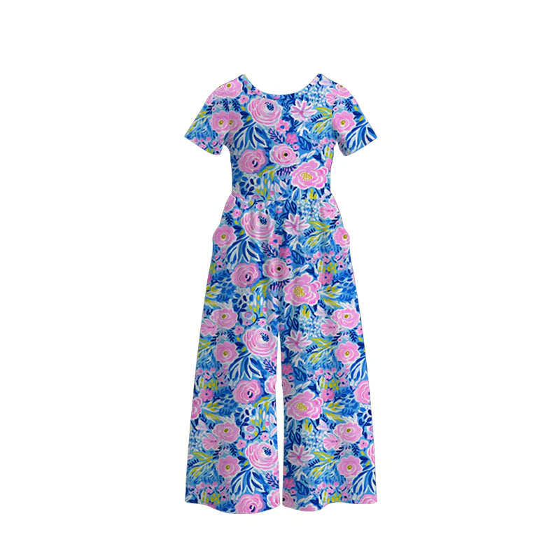 Mommy and Me Blue Pink Floral Print Milk Silk Jumpsuit