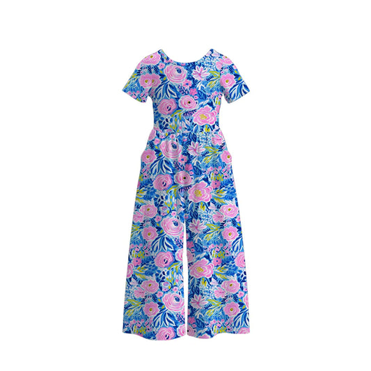 Mommy and Me Blue Pink Floral Print Milk Silk Jumpsuit