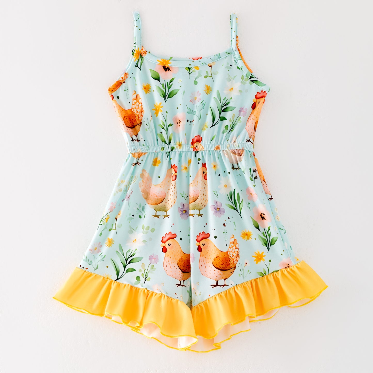 Girls Summer Farm Chick Print Ruffled Jumpsuit