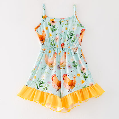 Girls Summer Farm Chick Print Ruffled Jumpsuit
