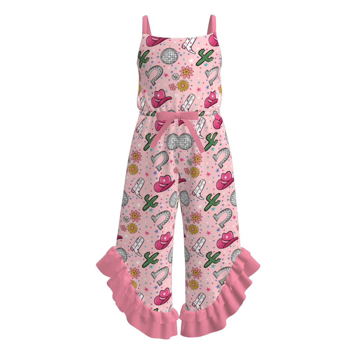 Girls Summer Wild Cactus Boots Print Slip Ruffled Jumpsuit